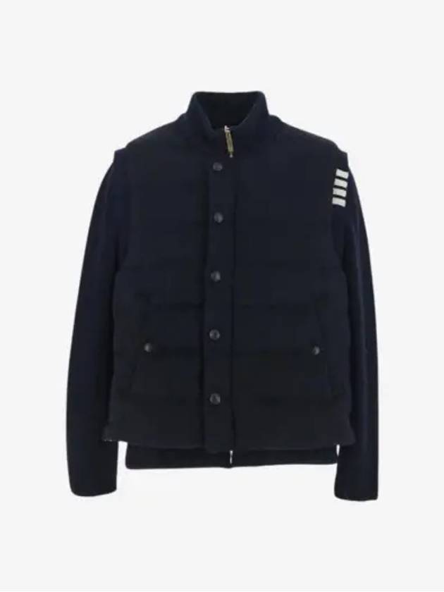 Men's Reversible Padded 4 Bar Funnel Neck Merino Jersey Padding Jacket Navy - THOM BROWNE - BALAAN 3