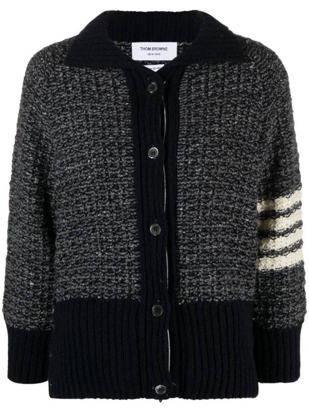 4 Bar Raglan Polo Tweed Cardigan Navy - THOM BROWNE - BALAAN 1