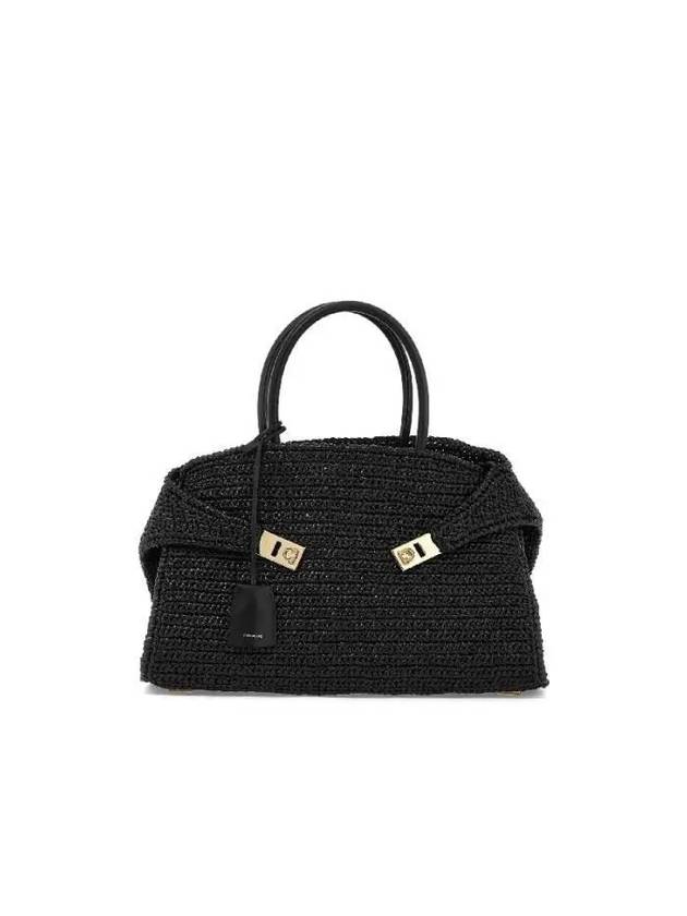 Hug Gancini Medium Raffia Tote Bag Black - SALVATORE FERRAGAMO - BALAAN 2