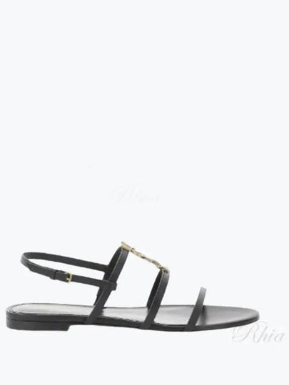 Women's Smooth Leather Gold Tone Monogram Detail Cassandra Flat Sandals Black - SAINT LAURENT - BALAAN 2