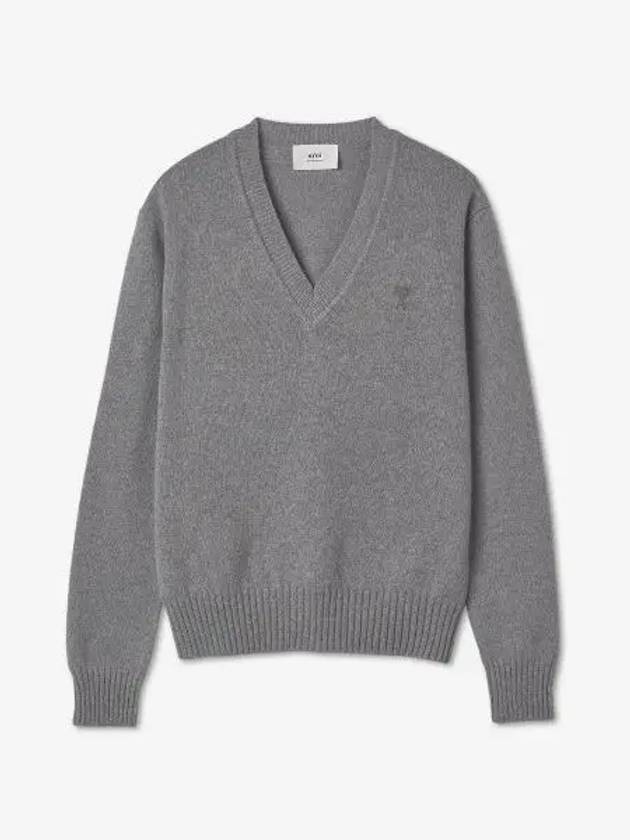 Men's Heart Logo V-Neck Cashmere Knit Top Grey - AMI - BALAAN 2