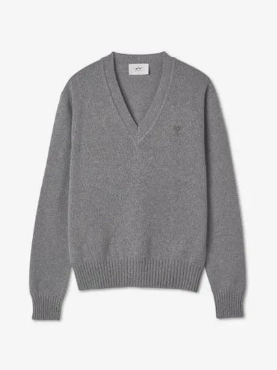 Men's Heart Logo V-Neck Cashmere Knit Top Grey - AMI - BALAAN 2