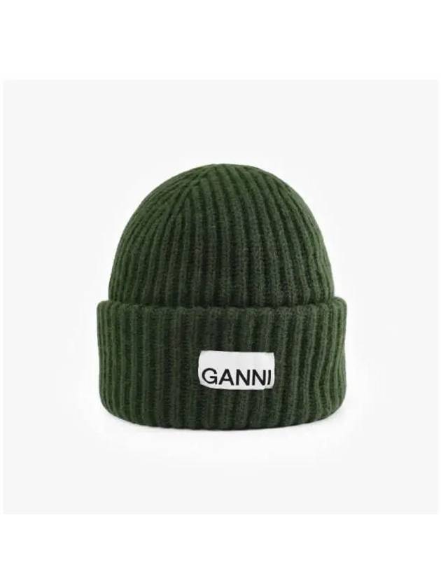 Logo Patch Knit Beanie Green - GANNI - BALAAN 4