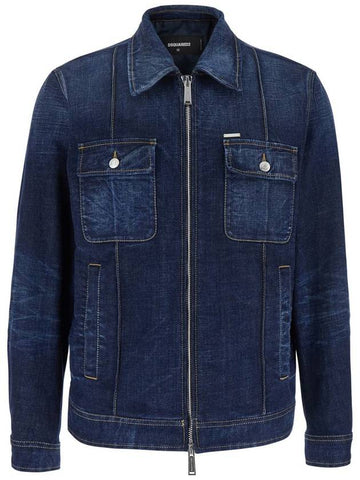 Blue Jacket With Classic Collar And Zip Closure In Denim Man - DSQUARED2 - BALAAN 1