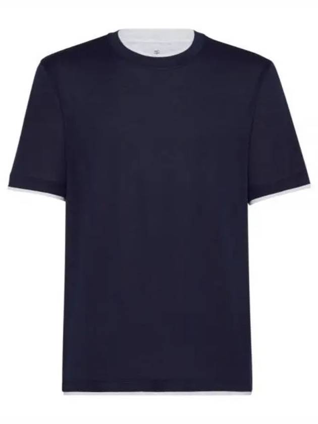 Double Layer Crew Neck Cotton Silk Short Sleeve T-Shirt Dark Blue - BRUNELLO CUCINELLI - BALAAN 2