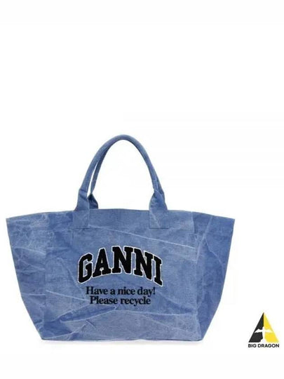 Embroidered Logo Oversized Canvas Tote Bag Blue - GANNI - BALAAN 2