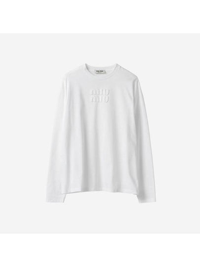 Logo Embroidered Cotton Long Sleeve T-shirt White - MIU MIU - BALAAN 2