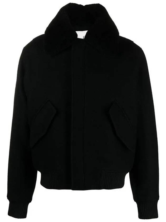 Shearling Collar Wool Zip-Up Jacket Black - AMI - BALAAN 3