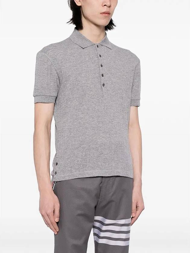 RWB Button Ribbed Polo Wool Knit Top Grey - THOM BROWNE - BALAAN 5