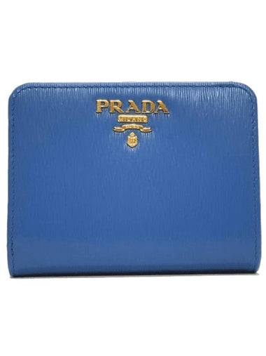 Vitello Gold Logo Half Wallet Blue - PRADA - BALAAN 1