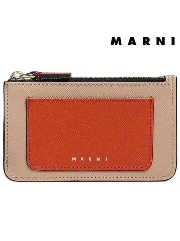 Saffiano Two-Tone Zipper Card Wallet Gazebo Brick Pompeii - MARNI - BALAAN 3