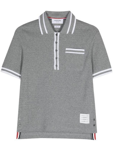 Textured Tipped Cotton Polo Shirt Light Grey - THOM BROWNE - BALAAN 1