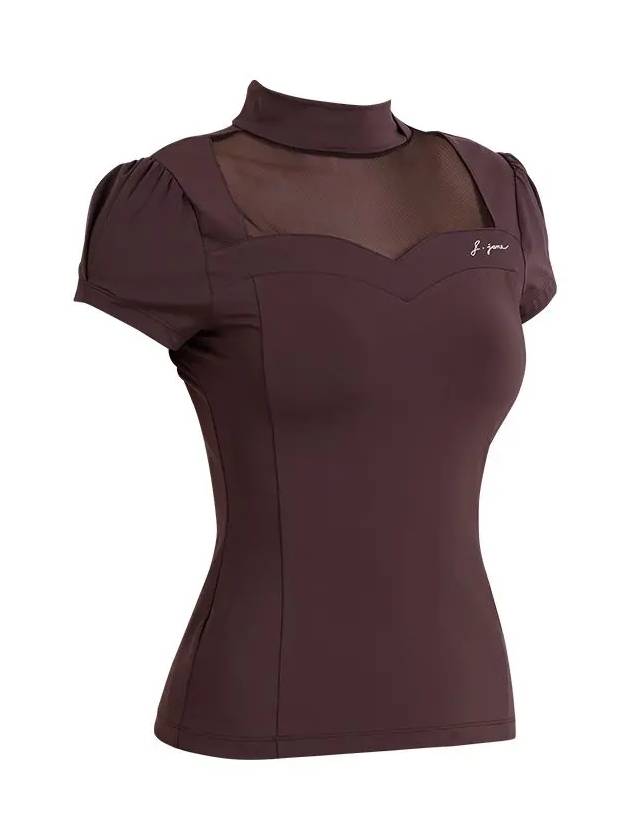 Golf Wear Heart Neck See-Through Short Sleeve T-Shirt Brown - J JANE - BALAAN 3