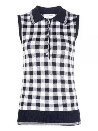 Gingham Silk Jacquard 4 Bar Polo Sleeveless Cardigan Navy - THOM BROWNE - BALAAN 2