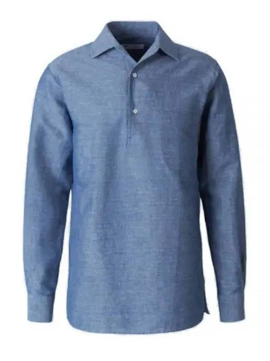 Men's Andre Polo Long Sleeve Shirt Denim Blue - LORO PIANA - BALAAN.