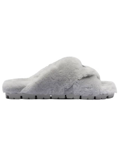 Triangle Logo Cross Strap Shearling Slippers Grey - PRADA - BALAAN 2