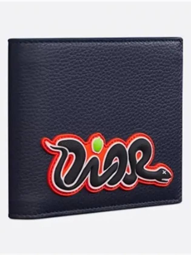 Kaws Grained Calfskin Bifold Half Wallet Navy Blue - DIOR - BALAAN 3