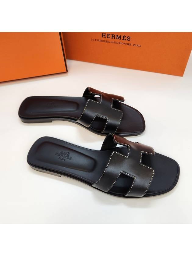 Oran Calfskin Slippers Noir Piqures Ecrues Black - HERMES - BALAAN 4