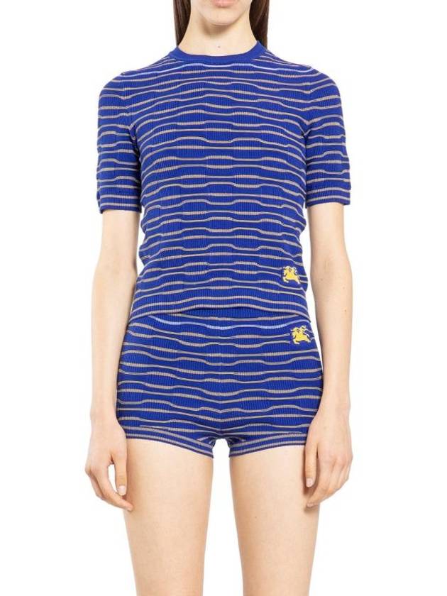 Striped Cotton Blend Short Sleeve Knit Top Blue - BURBERRY - BALAAN 1