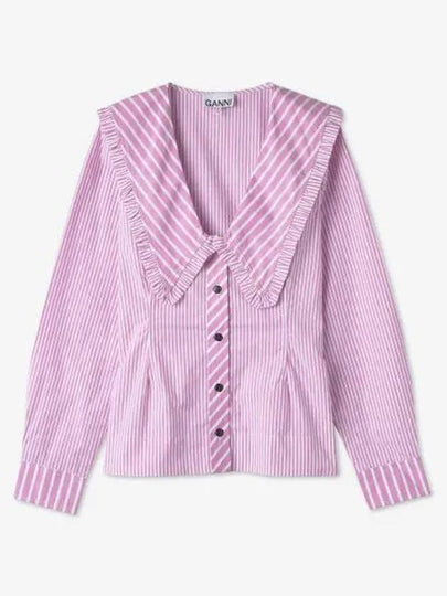 Women's Wide Frill Collar Striped Blouse Moonlight Mauve - GANNI - BALAAN 2