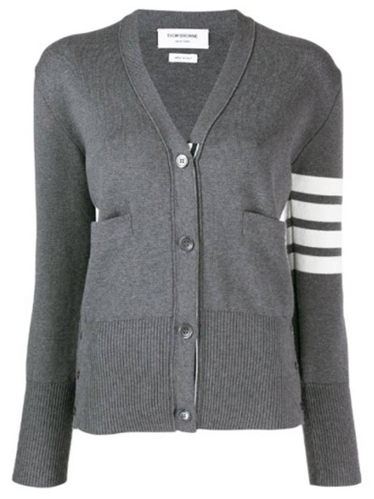 Cotton 4-Bar Milano Classic V-Neck Cardigan Medium Grey - THOM BROWNE - BALAAN