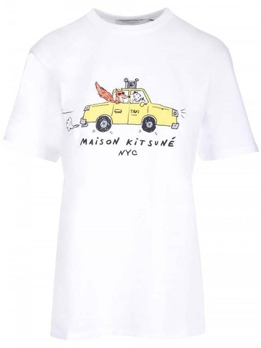 Oly Taxi Fox Print Round Cotton Short Sleeve T-Shirt White - MAISON KITSUNE - BALAAN 1