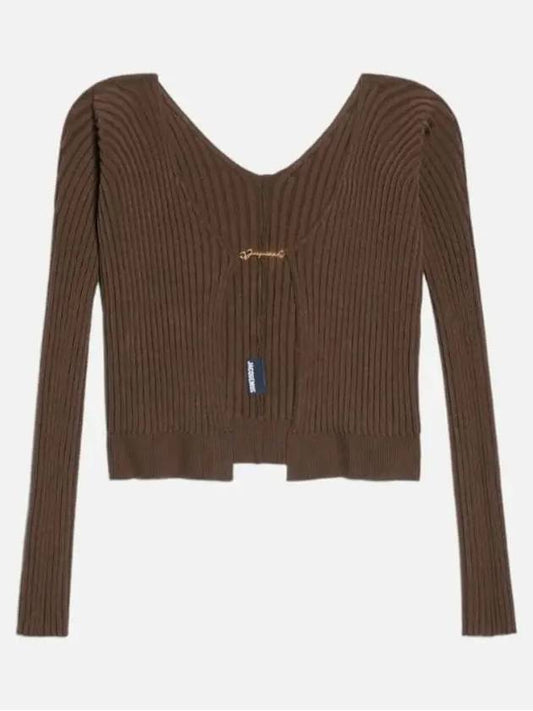 La Maille Pralu Longue Micro Charm Logo Cardigan Brown - JACQUEMUS - BALAAN 2