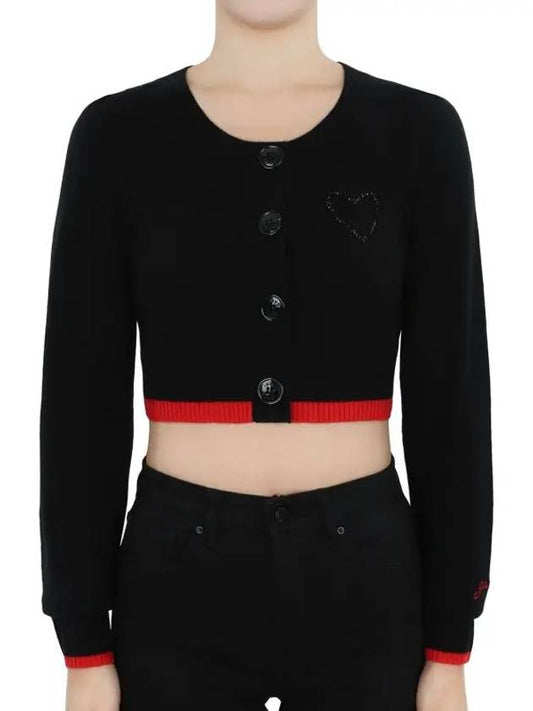 Women's Heart Beads Wool Cashmere Crop Cardigan Black - GANNI - BALAAN 1