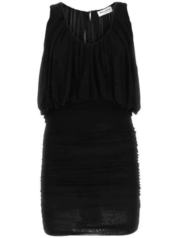 Women's Draped Sleeveless Jersey Mini Dress Black - SAINT LAURENT - BALAAN 1