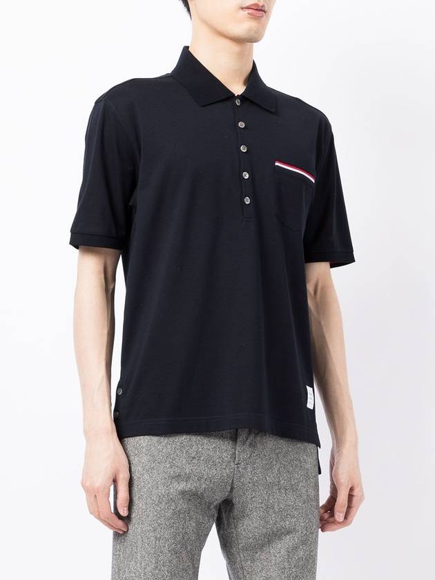 Men's Three Stripes Pocket Mercerized Short Sleeve Polo Shirt Navy - THOM BROWNE - BALAAN 3