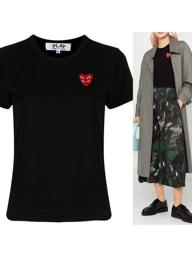 M L Size Black Double Red Heart Patch Short Sleeve P1T287 - COMME DES GARCONS - BALAAN 1