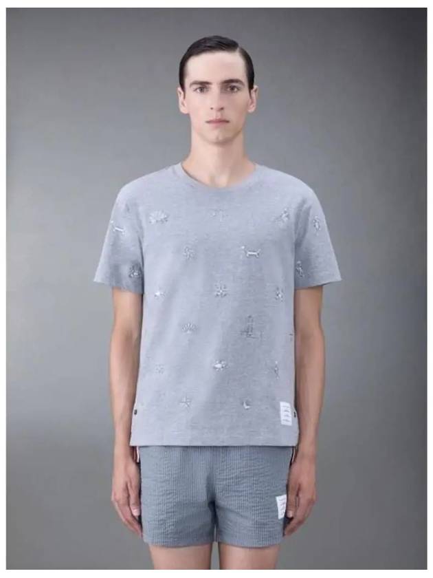 Embroidered Cotton Short Sleeve T-Shirt Grey - THOM BROWNE - BALAAN 3