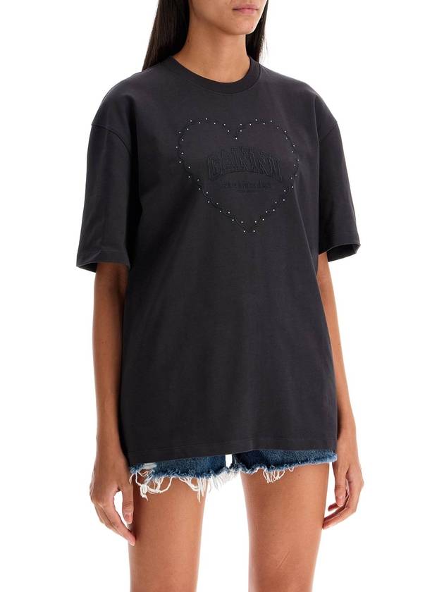 Drop Shoulder Heart Cotton Short Sleeve T-Shirt Black - GANNI - BALAAN 3