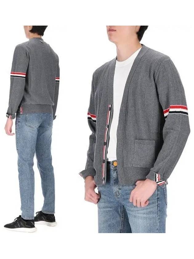 RWB V-neck Striped Virgin Wool Cardigan Grey - THOM BROWNE - BALAAN 2