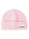 Wool Rib Knit Beanie Pink - GANNI - BALAAN 3