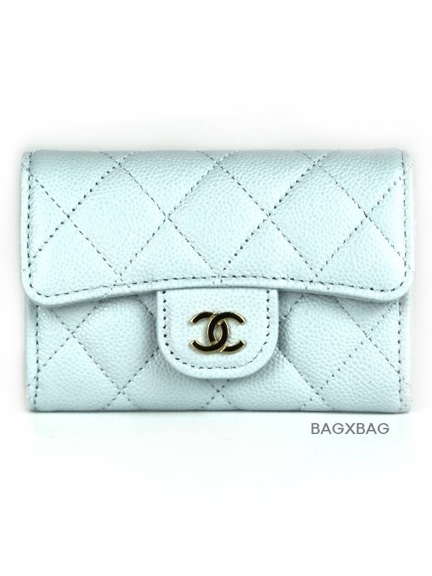 CH Classic Caviar Flap Card Wallet Light Blue Gold CH42WT010 - CHANEL - BALAAN 1