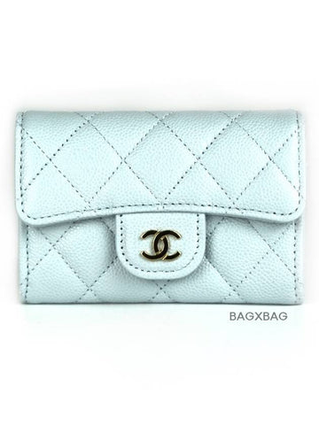 CH Classic Caviar Flap Card Wallet Light Blue Gold CH42WT010 - CHANEL - BALAAN 1