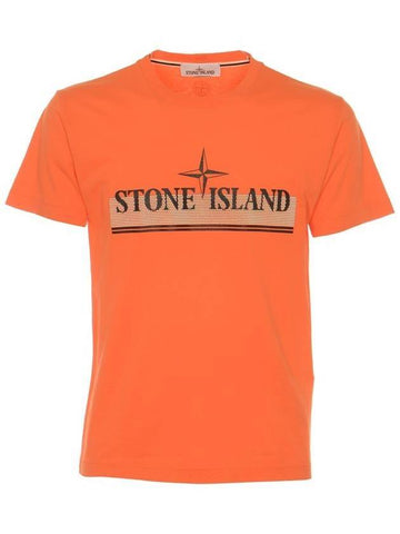 Tricromia One Print Garment Dyed Cotton Jersey Short Sleeve T-Shirt Orange - STONE ISLAND - BALAAN 1