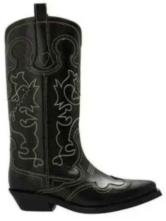Embroidered Western Leather Middle Boots Black - GANNI - BALAAN.
