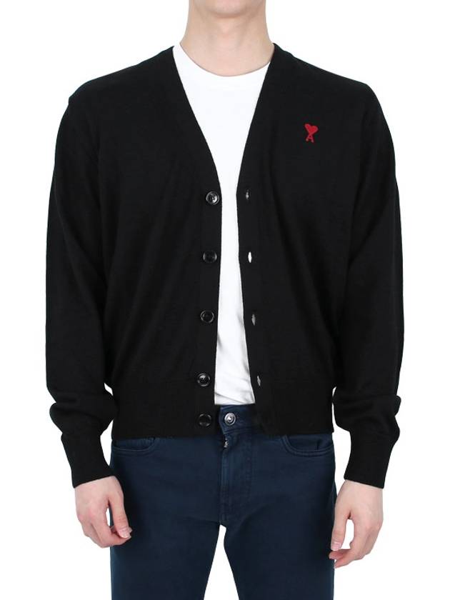 Red Heart Logo Merino Wool Cardigan Black - AMI - BALAAN 4