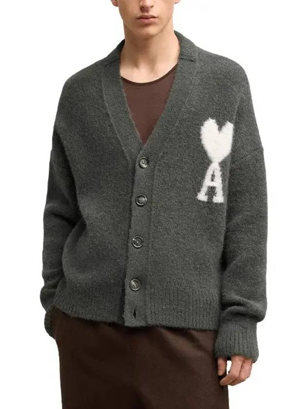 Intarsia Logo Knit Cardigan Dark Grey - AMI - BALAAN 3