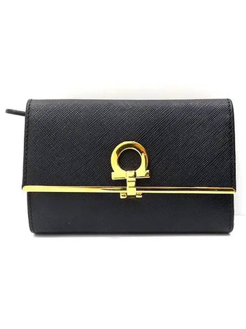 Ferragamo 22 C115 Oxford black leather gold plated Gancini logo flap medium wallet - SALVATORE FERRAGAMO - BALAAN 1