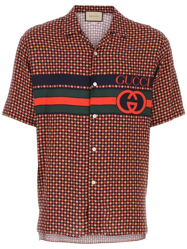 Geometric Houndstooth Bowling Silk Short Sleeve Shirt Red Beige Black - GUCCI - BALAAN 1