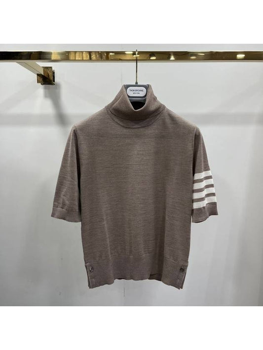 Fine Merino 4 Bar Relaxed Short Sleeve Turtleneck Brown - THOM BROWNE - BALAAN 2