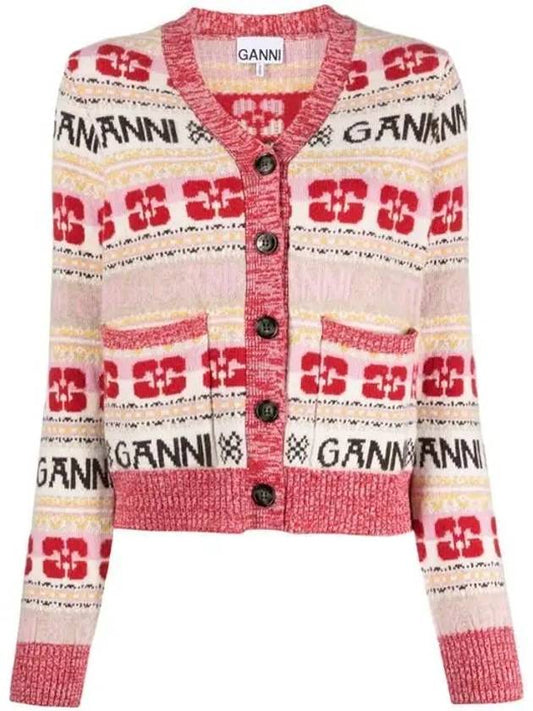 Logo V-neck Wool Blend Cardigan Red - GANNI - BALAAN 2