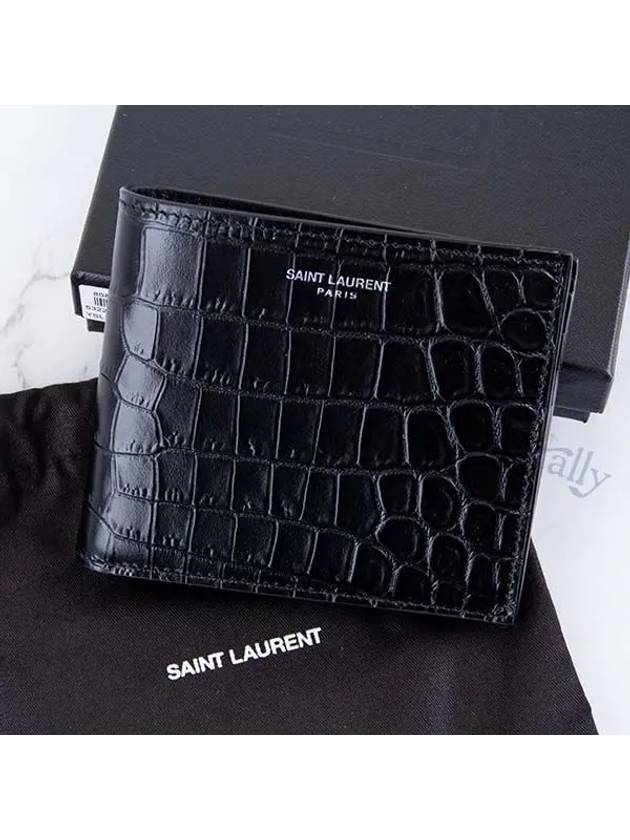 Crocodile Embossed Leather Half Wallet Black - SAINT LAURENT - BALAAN 3