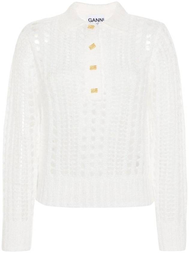 Mohair Lace Polo Knit Top White - GANNI - BALAAN 1