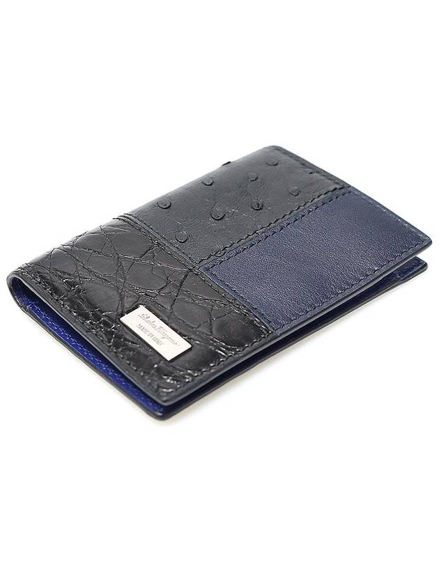 66 0225 Black Crocodile Ostrich Navy Leather Two tone Card Wallet - SALVATORE FERRAGAMO - BALAAN 4