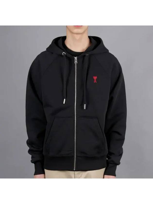 Small Heart Logo Cotton Zip Up Hoodie Black - AMI - BALAAN 2