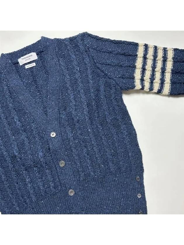 Donegal Twist Cable 4 Bar Classic V Neck Cardigan Blue - THOM BROWNE - BALAAN 7